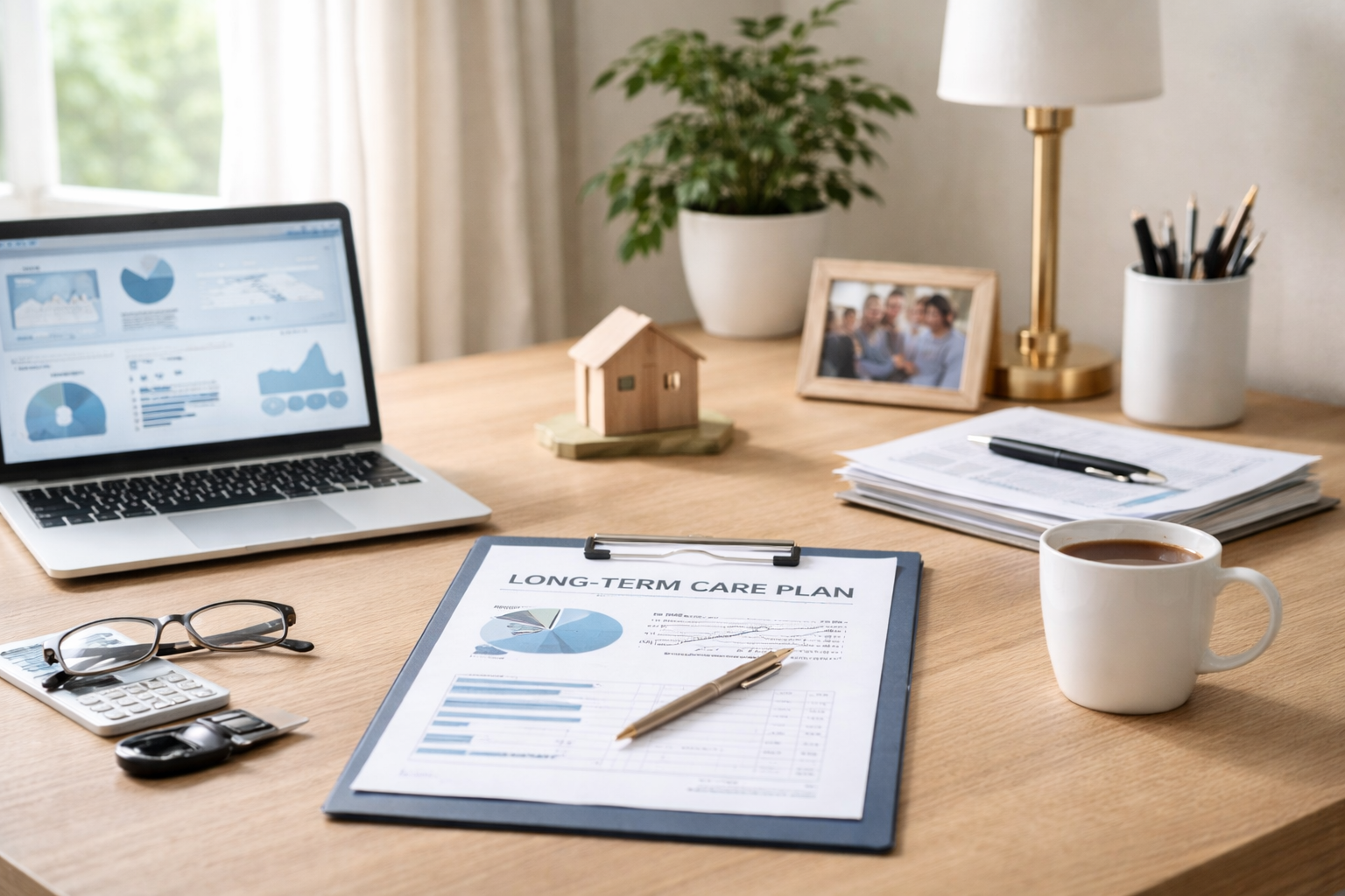 Desk with laptop, charts, and long-term care plan document, calculator, coffee mug, and family photo