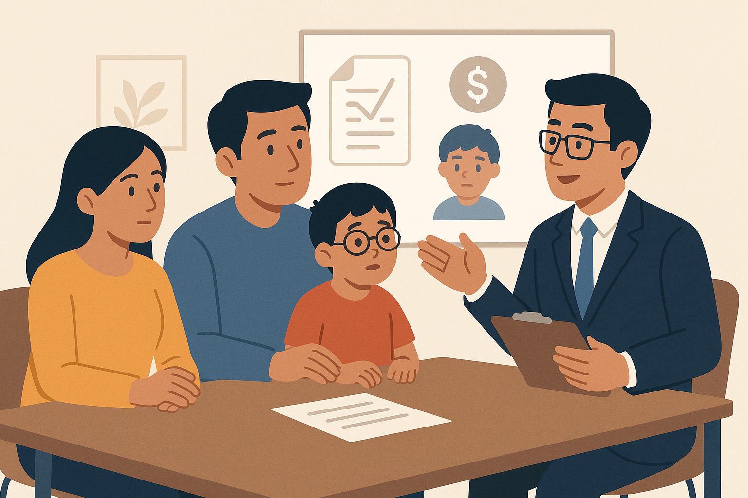 A financial advisor is sitting at a table talking to a family regarding their financial plan.