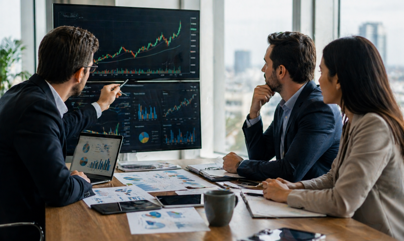Advisors review charts on screens, analyzing market concentration in a new era of scale