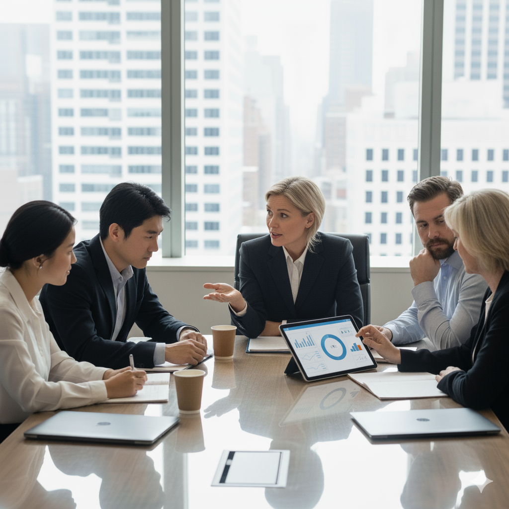 Financial advisors meeting with a client to review charts and plan the sale of a business