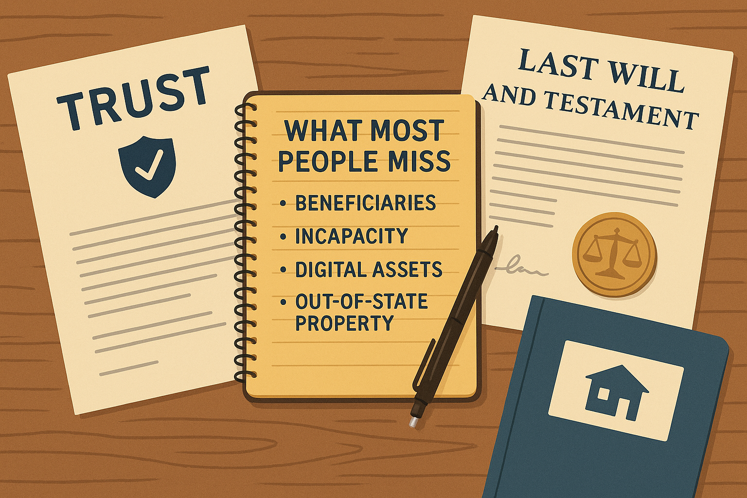 Documents related to estate planning: a trust, will, notebook with common oversight topics, and a property record book.