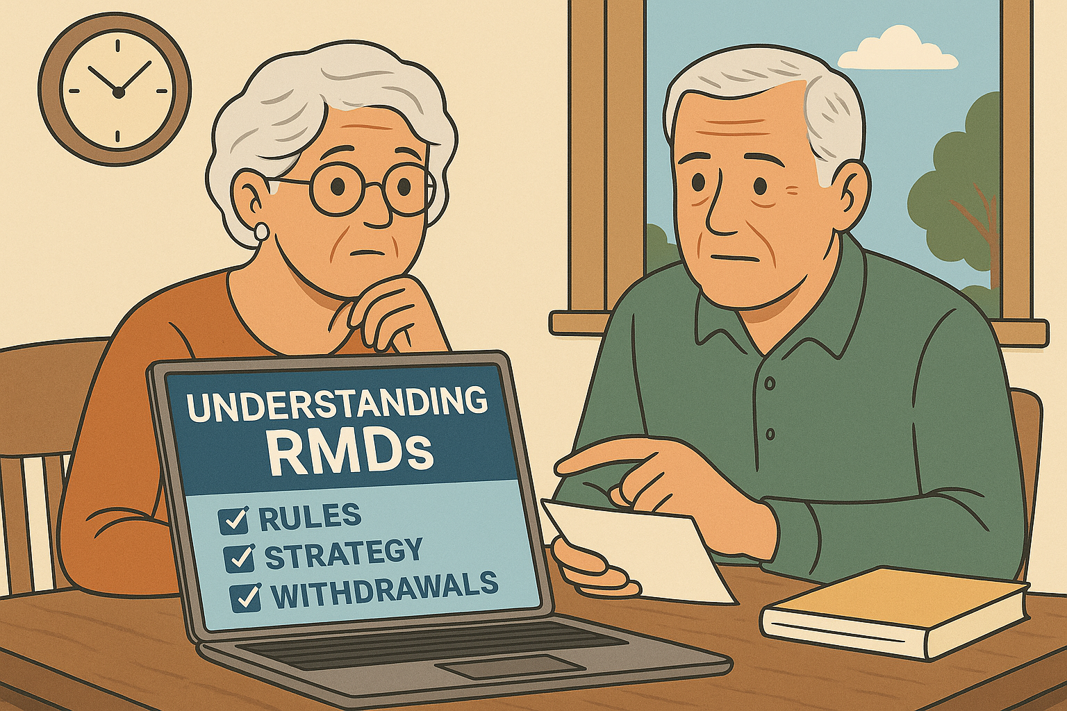 Elderly couple looking at a laptop with 