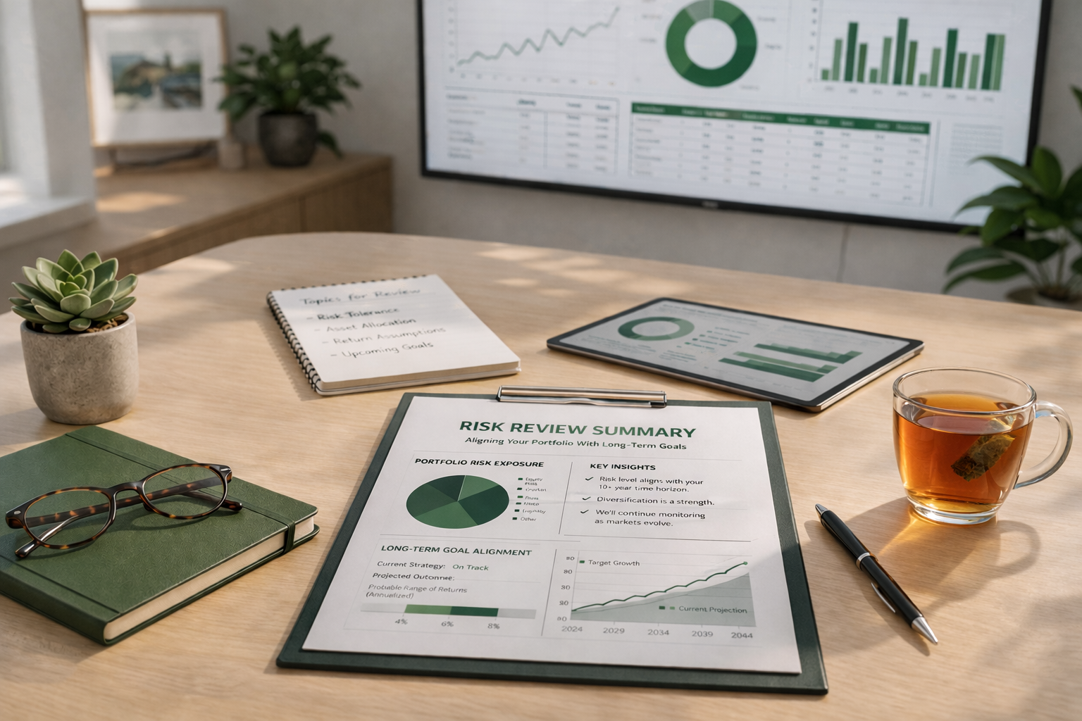 Desk with risk review summary, charts, tablet, notebook, near a screen showing financial data.