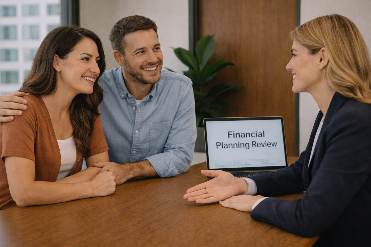 A couple meets with their financial advisor to review their financial plan after a major life change
