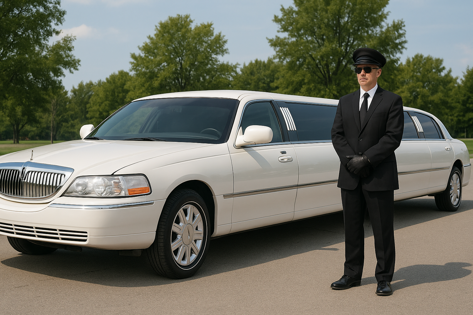 A man in a suit and tie is standing in front of a white limousine