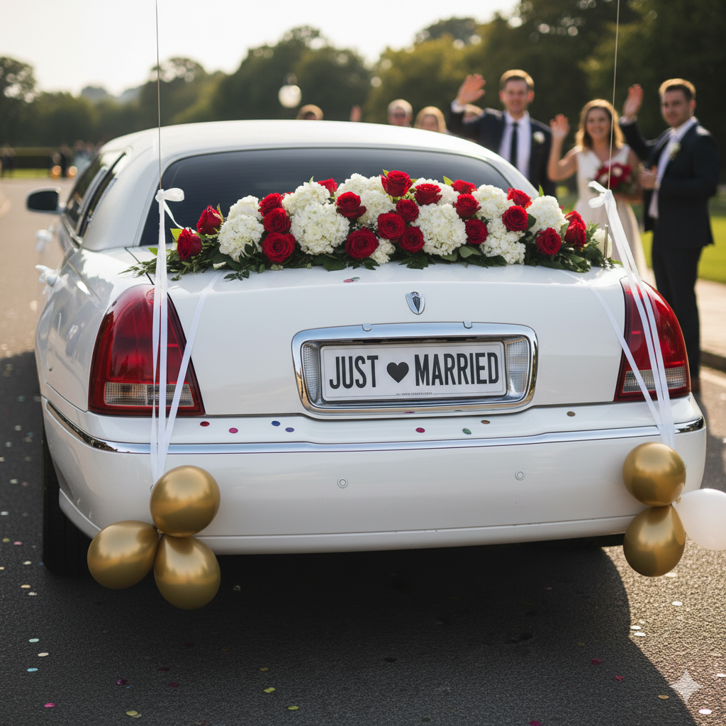 Luxury wedding limousine with Just Married sign and floral decorations