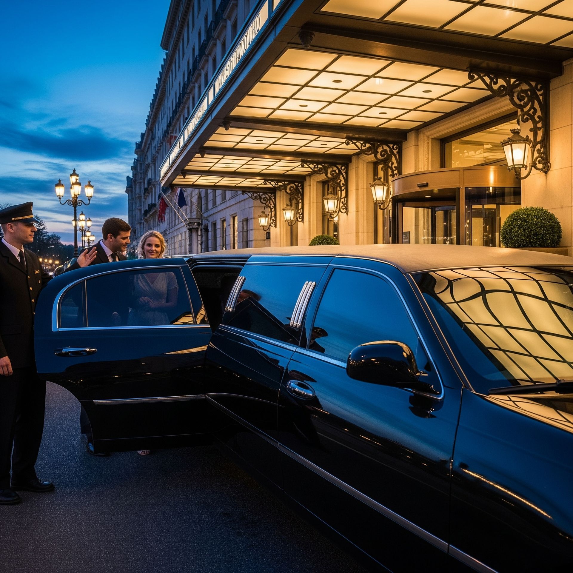 A black limo service with a chauffeur opening the door for an elegant couple at a luxury hotel.