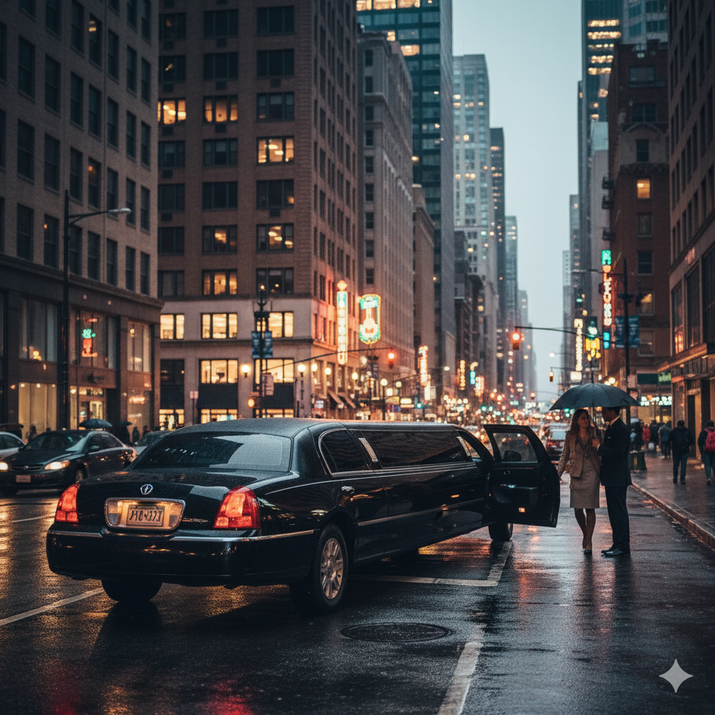 Black corporate limousine on downtown street at dusk
