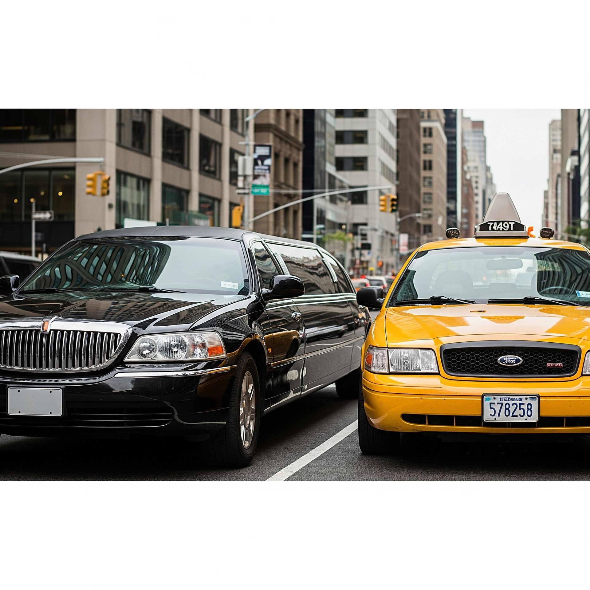 A black limousine and a yellow taxi are driving down a city street.