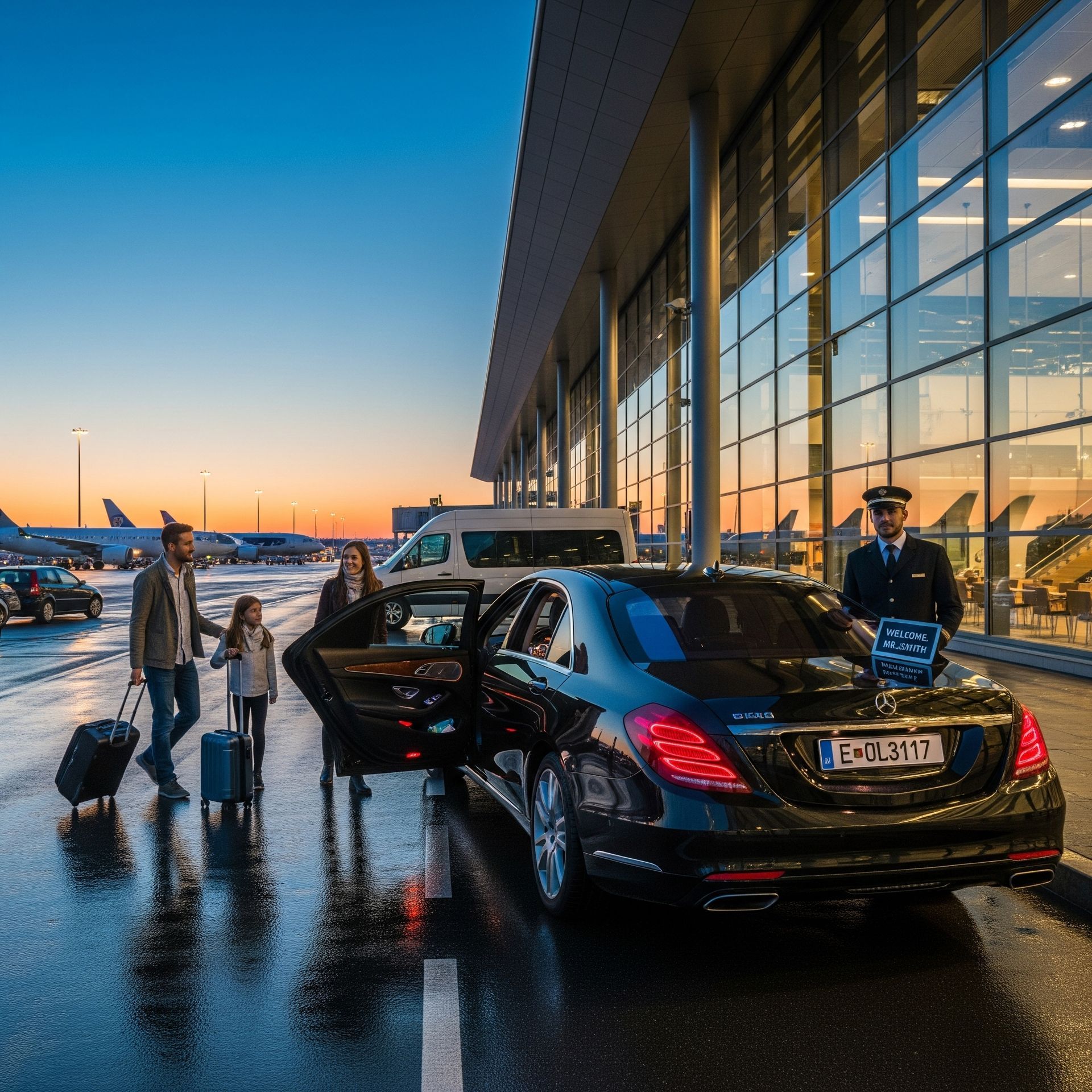 Black car service at airport terminal with chauffeur waiting for family.