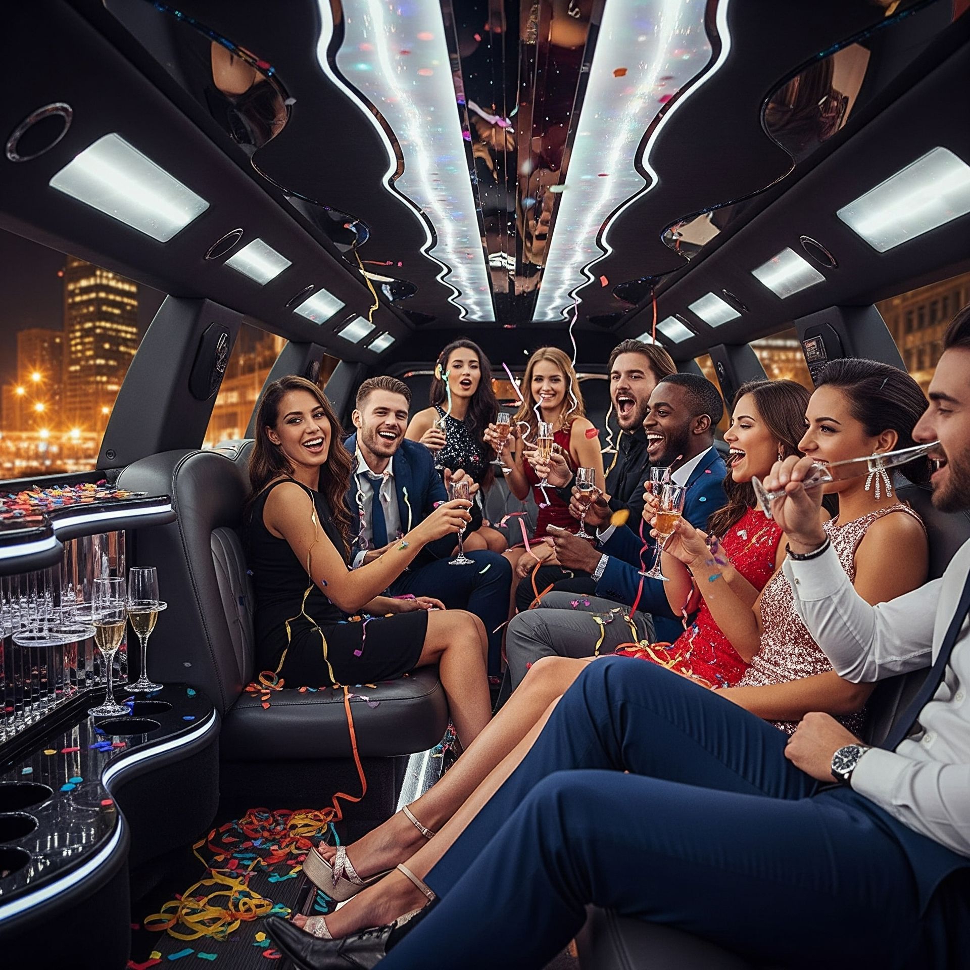 A diverse group of young adults celebrating a party inside a limousine with colorful lights and conf