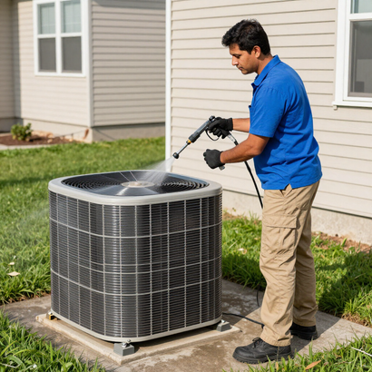 Technician pressure-washing an outdoor air conditioner unit beside a house