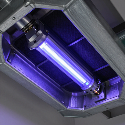 Blue UV lamp inside a metallic machine chamber