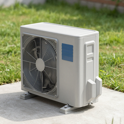 Outdoor air conditioner condenser unit on a concrete slab beside grass