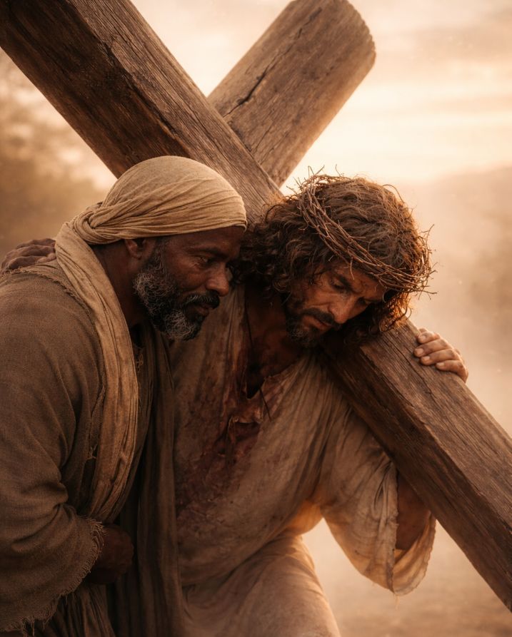 Jesus carrying the cross, assisted by a man. Both are in dusty robes.