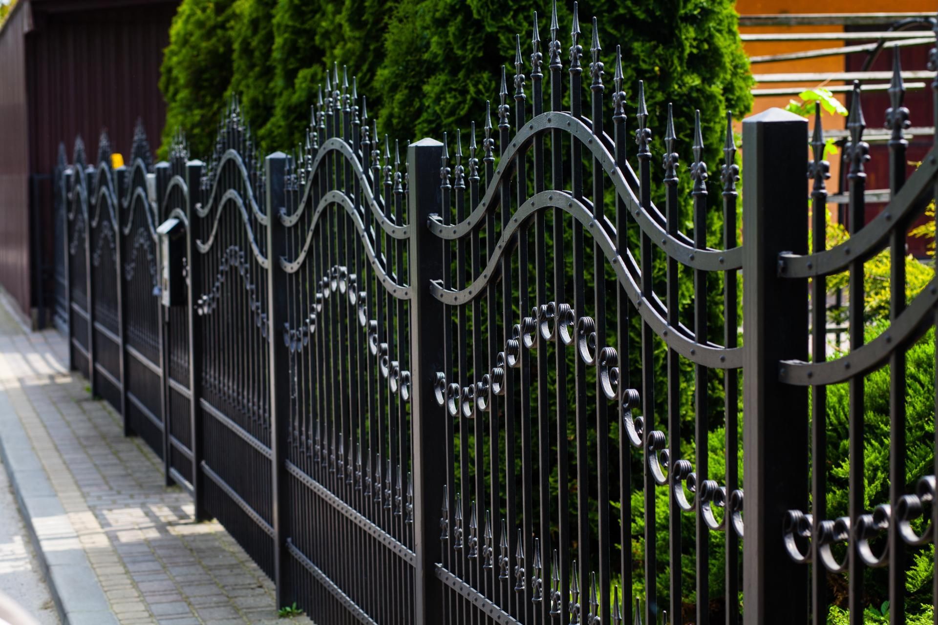 Black wrought iron fence with decorative swirls and vertical bars, bordering a sidewalk and greenery.