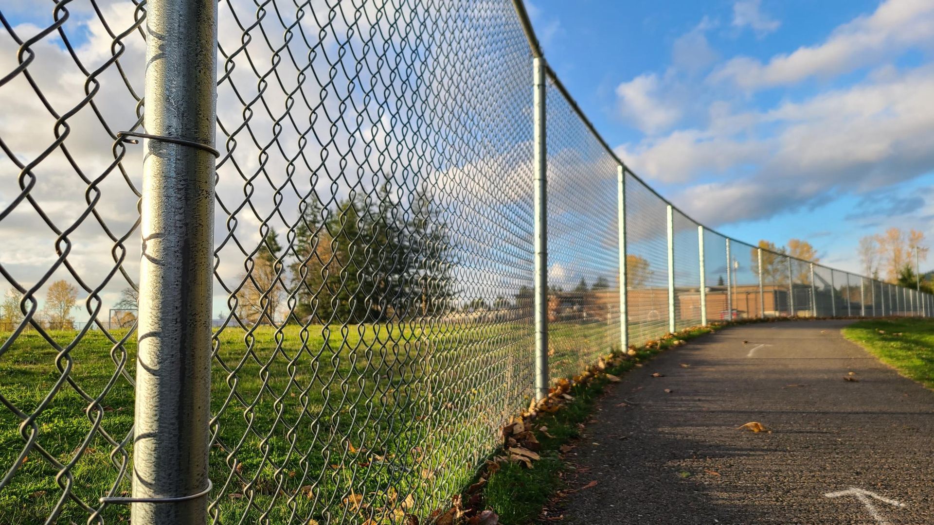 Chain link fence curving along a path, with grass and trees under a blue sky.
