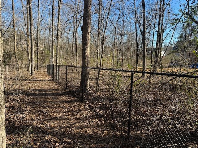 Black chain link fence running through a wooded area with bare trees and brown leaves.
