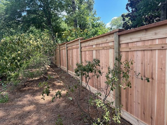 Wooden privacy fence in a yard, trees in the background.