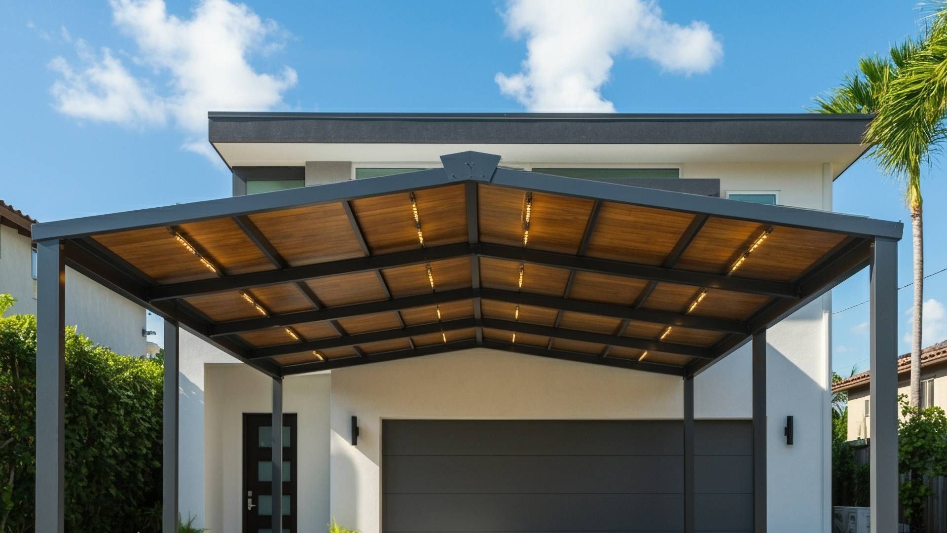 Modern house with gray garage and carport.  Carport has brown slats and is lit with warm lights.  Blue sky.