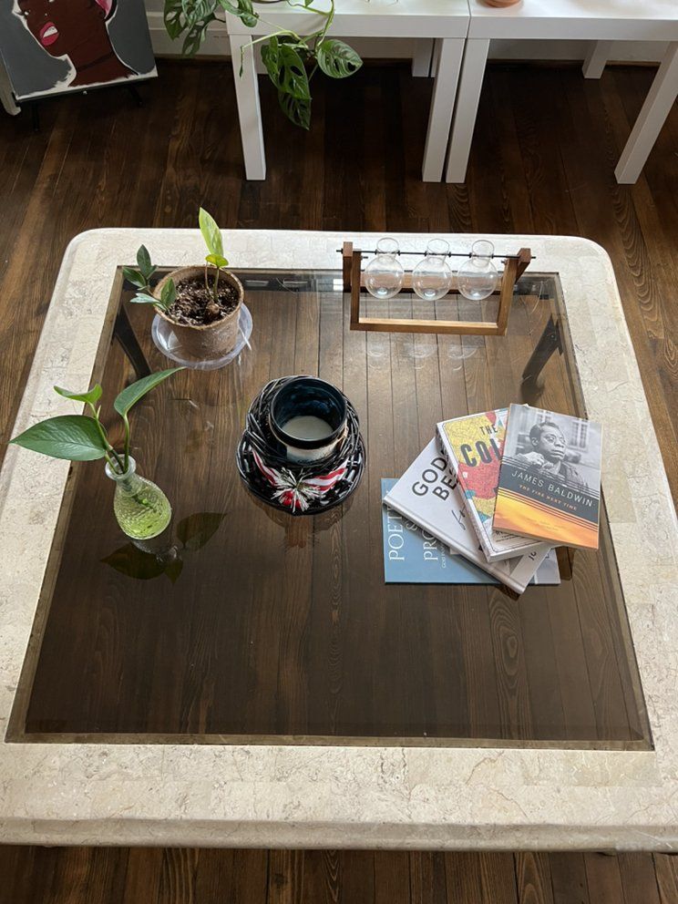 Coffee table with glass top displaying plants, books, and a candle holder, set against a dark wood floor.