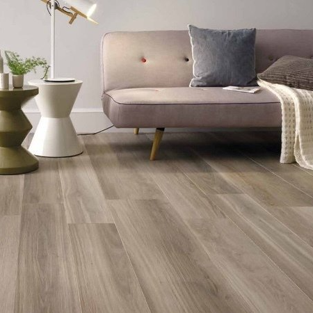 Woonkamer met grijze houtlook vloer, een bank, twee bijzettafels en een lamp.