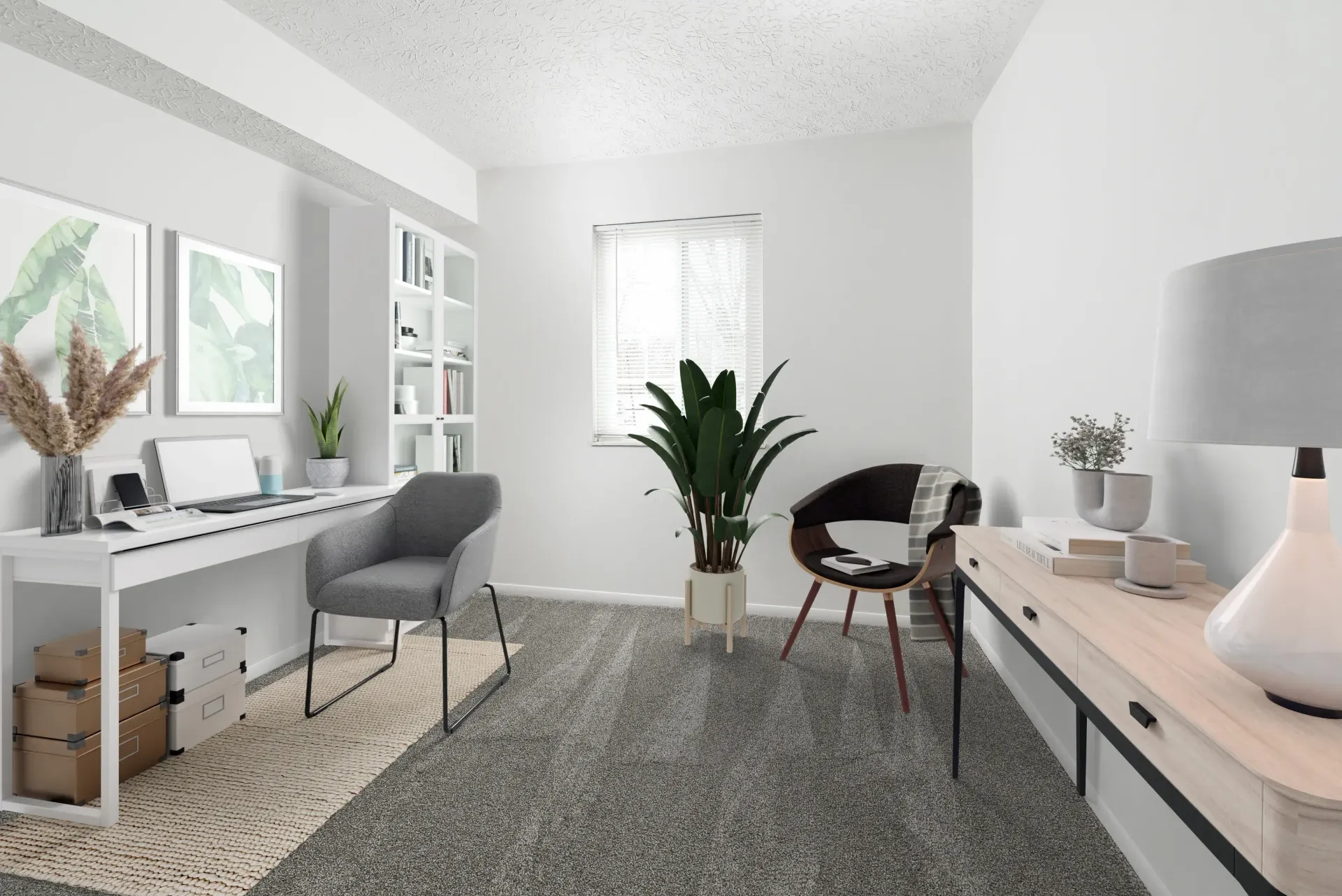 Modern home office in a bright apartment with white desk, gray chair, shelves, and plants.