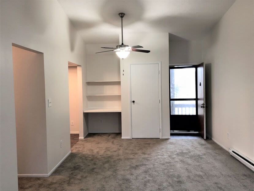 Living area with beige carpet, white walls, ceiling fan, built-in shelves, and an exterior door.