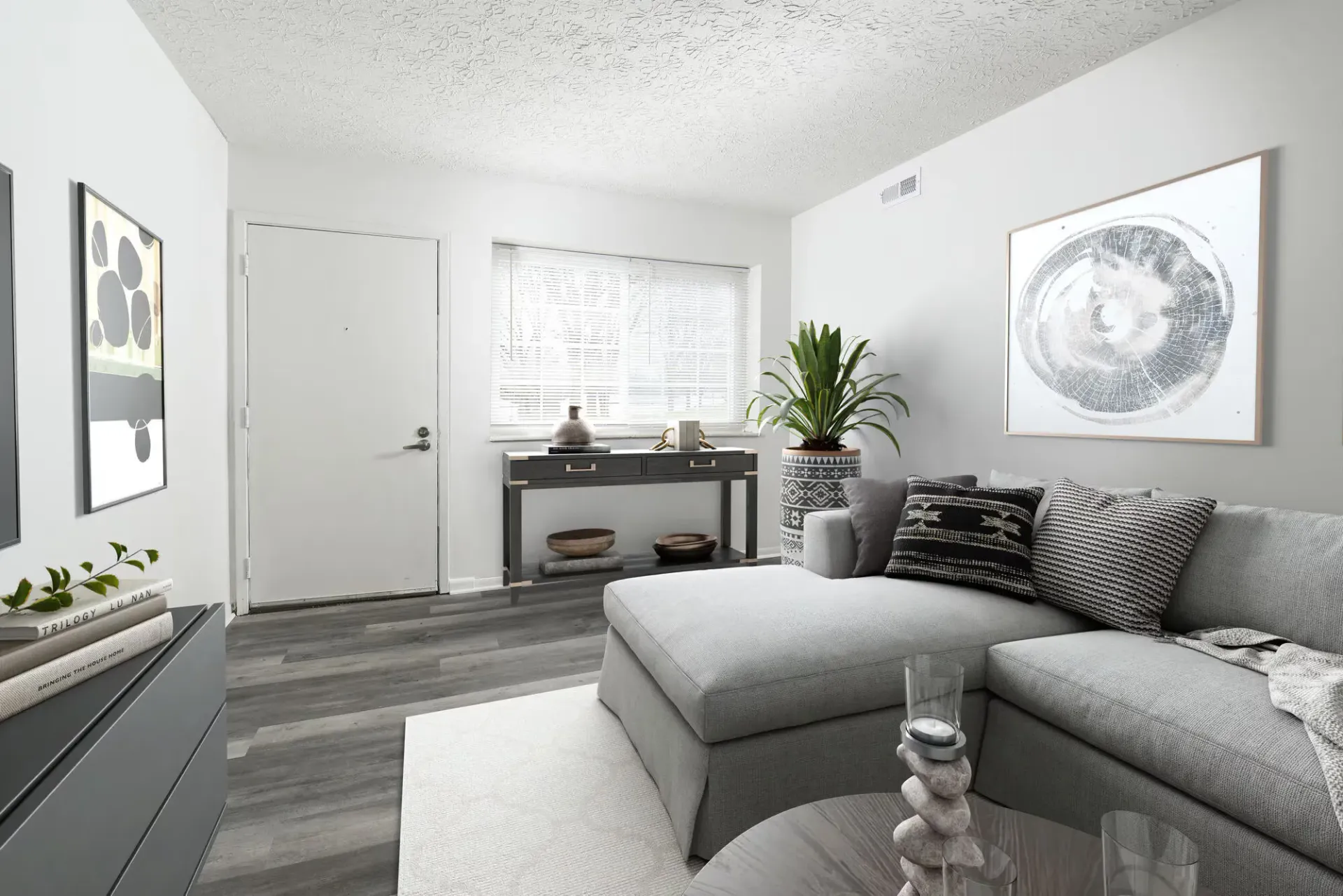 Living room in an apartment with a gray sectional sofa, coffee table, plants, and wall art.
