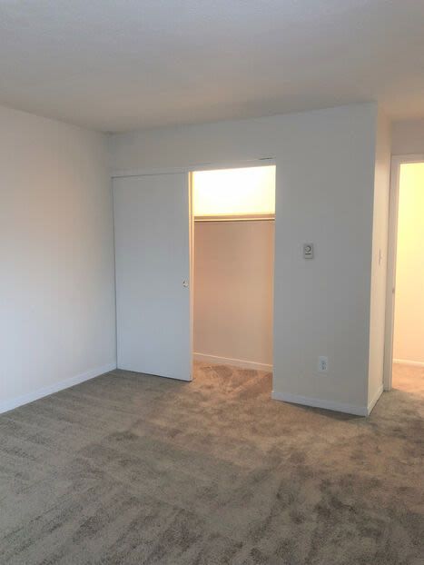 Empty beige-carpeted bedroom with an open closet.
