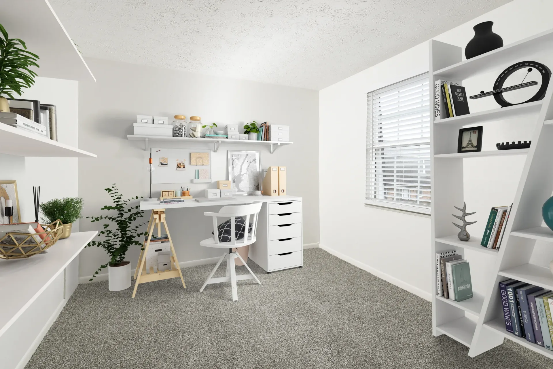 White minimalist home office with desk, shelves, plants, and a window with blinds.