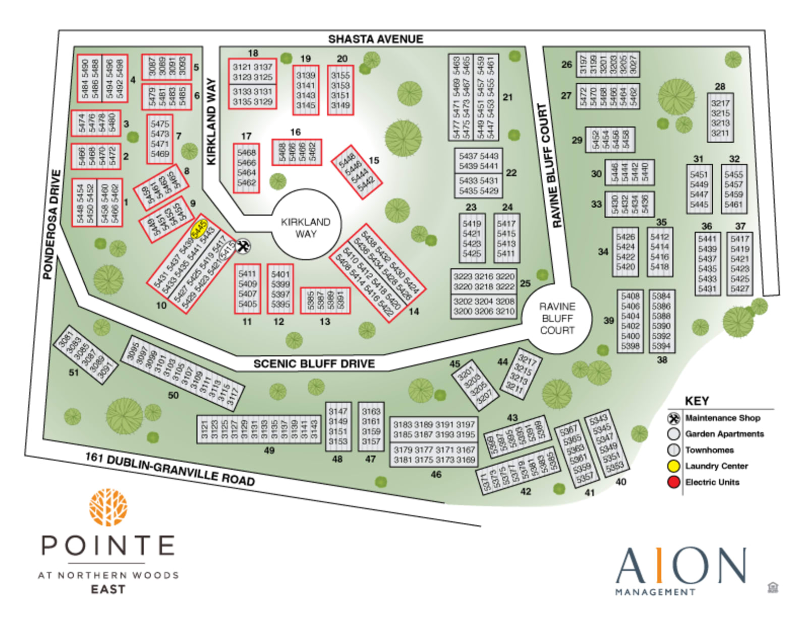 Pointe at Washington Woods East apartment complex map. Features building layouts, street names, and key.