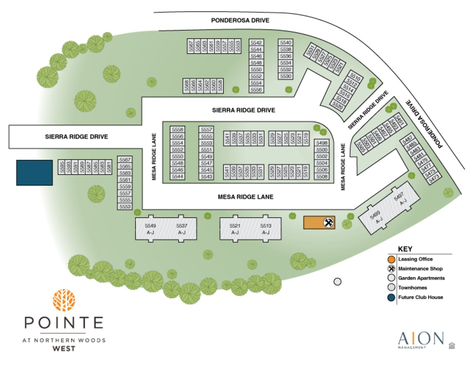 Map of Pointe at Washington Woods West apartments, showing building layouts, roads, and amenities.