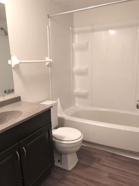 Bathroom with vanity, sink, toilet, and a bathtub/shower combo.