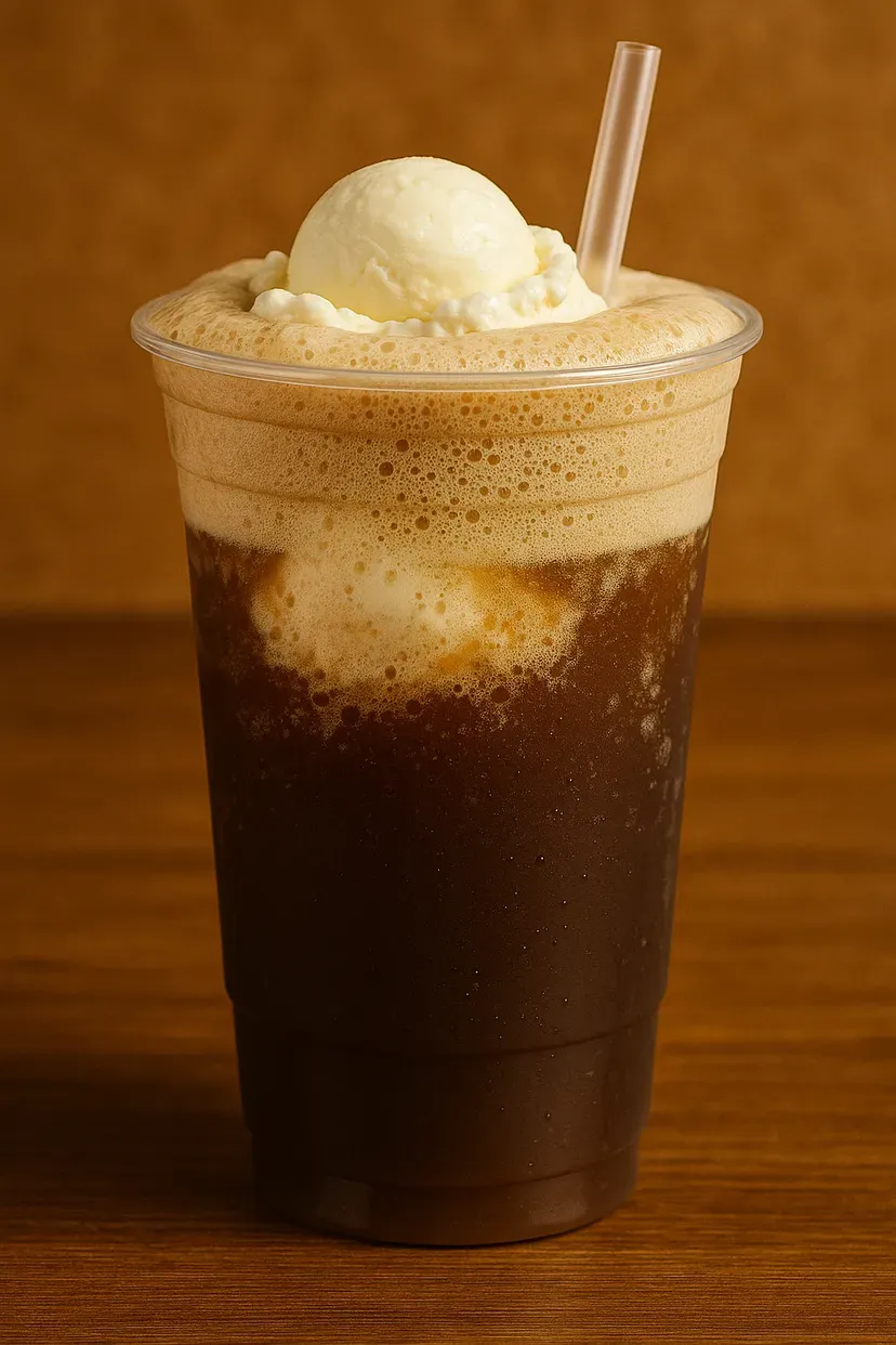Root beer float in a clear plastic cup, topped with vanilla ice cream and a straw.