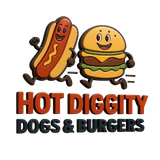 A smiling hot dog and burger running together, the text "HOT DIGGITY DOGS & BURGERS" is below.