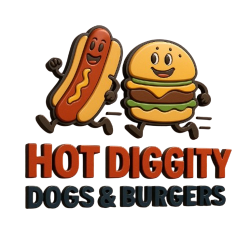 A smiling hot dog and burger running together, the text "HOT DIGGITY DOGS & BURGERS" is below.