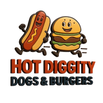 A smiling hot dog and burger running together, the text "HOT DIGGITY DOGS & BURGERS" is below.