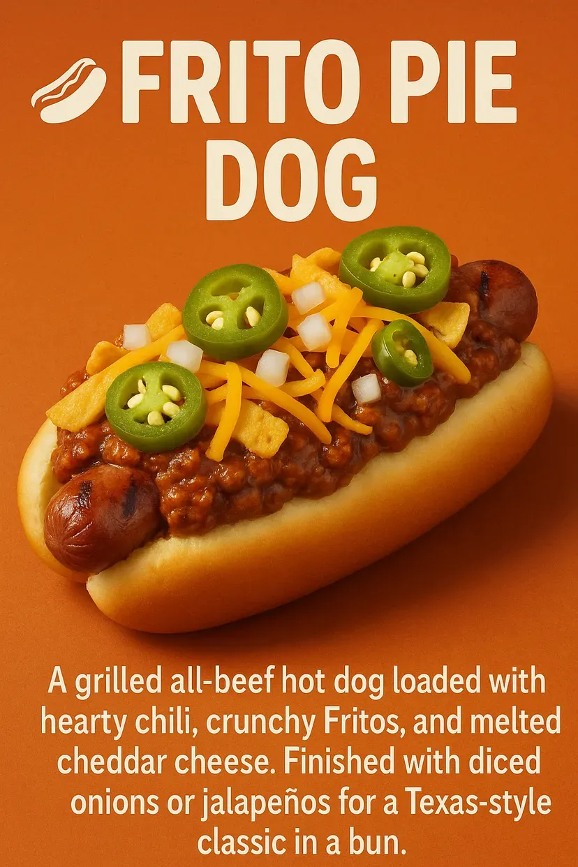 Frito Pie Dog: Grilled hot dog in a bun, topped with chili, Fritos, cheese, jalapeños, and onions.