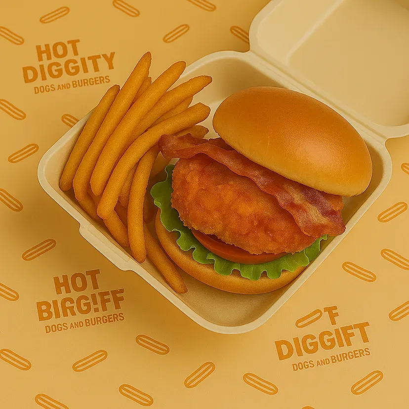 Chicken sandwich with bacon, fries in a to-go container. 