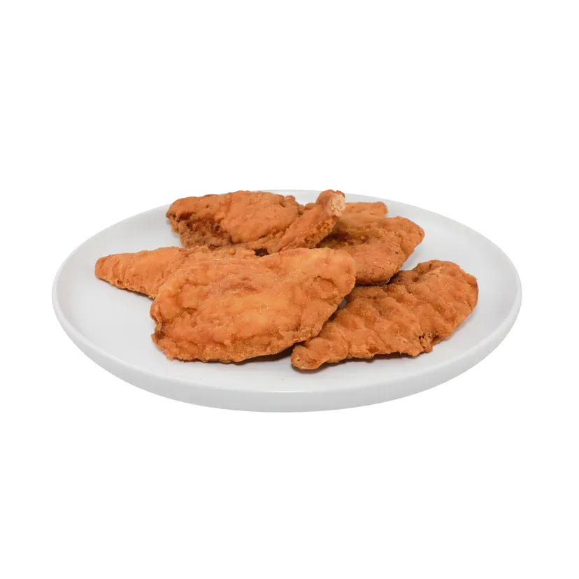 Breaded fried chicken tenders on a white plate.