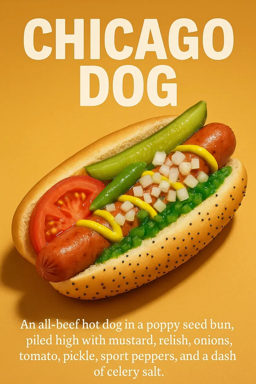 Chicago dog on poppy seed bun with toppings: tomato, pickle, onions, mustard, relish.