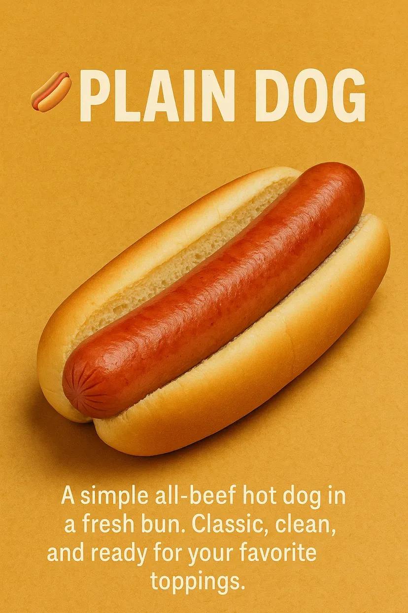 Plain hot dog in a fresh bun, on yellow background. Text: 