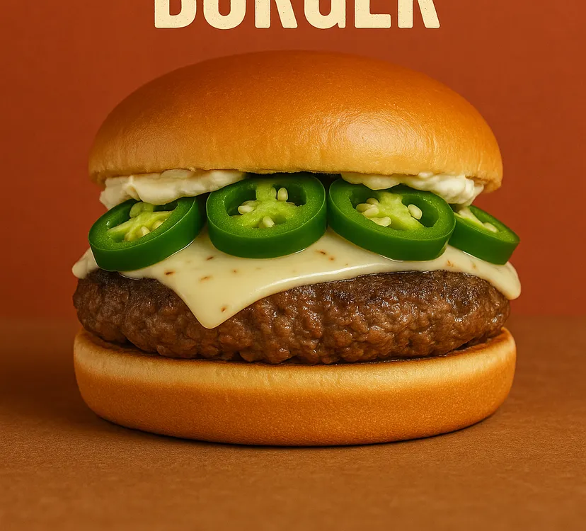 Burger with jalapenos, cheese, and sauce between buns, set against a brown background.