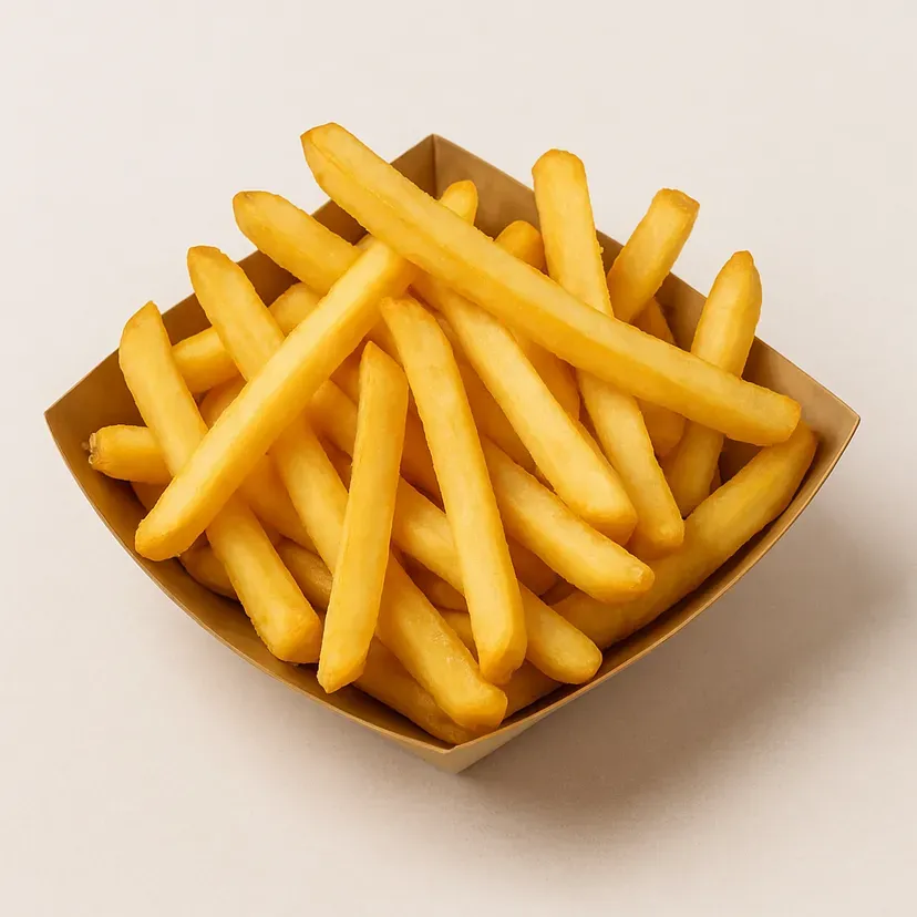 Golden french fries in a brown paper serving tray.