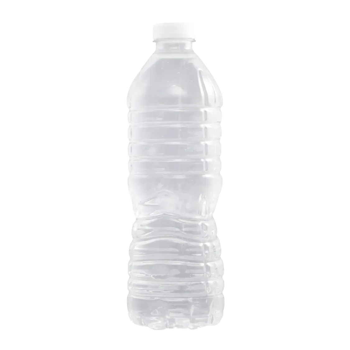 Clear plastic water bottle, white cap, filled with water, against white background.
