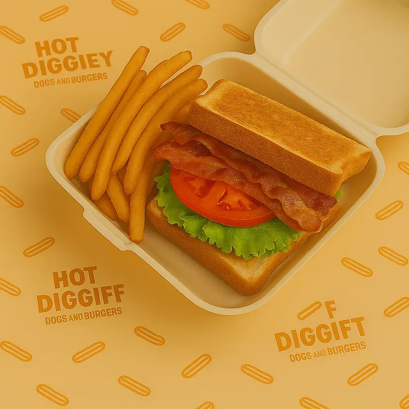 Sandwich, fries in to-go container. Sandwich with lettuce, tomato, bacon, and toasted bread. Fries. Light yellow background.