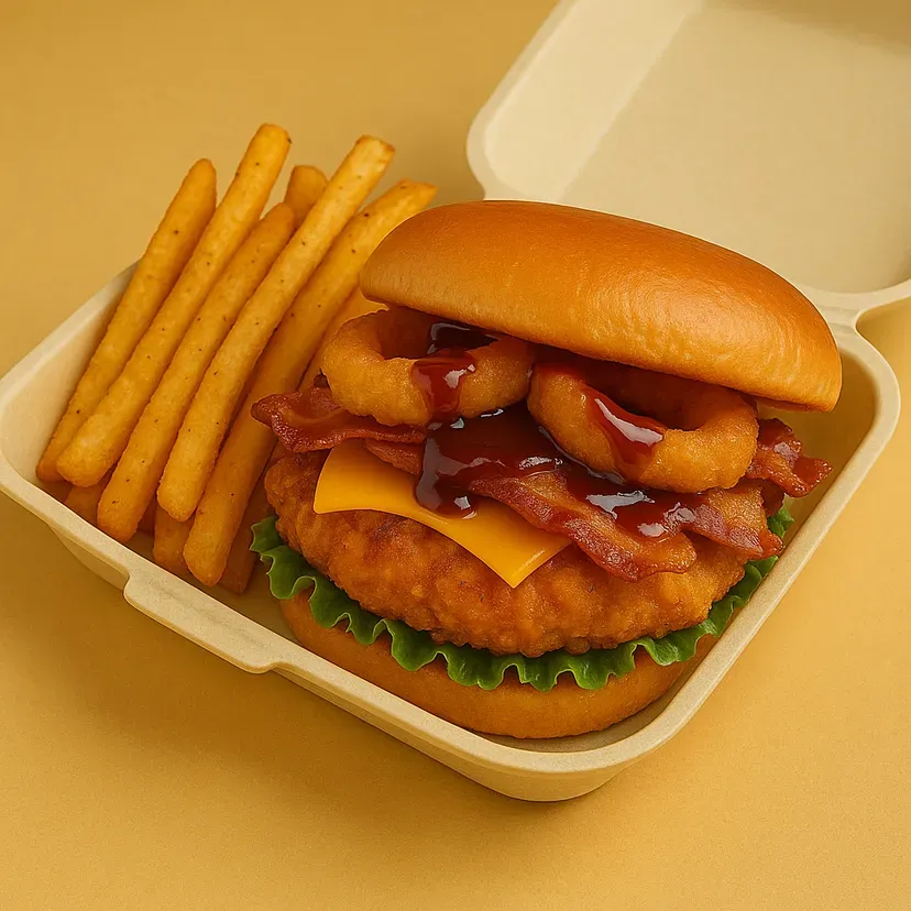 Chicken sandwich with bacon, onion rings, cheese, fries, in a takeaway box.