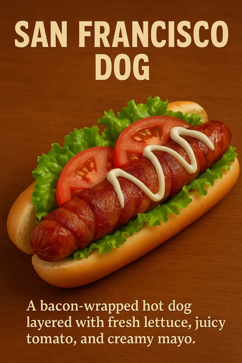 Bacon-wrapped hot dog with lettuce, tomato, and mayo in a bun; text reads 