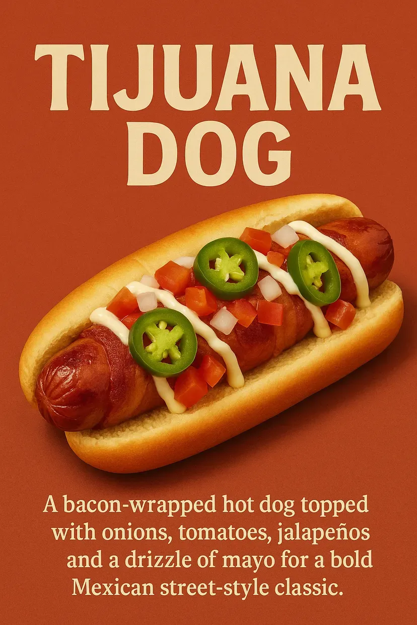 Bacon-wrapped hot dog in a bun, topped with onions, tomatoes, jalapeños, and mayo, labeled “Tijuana Dog.”